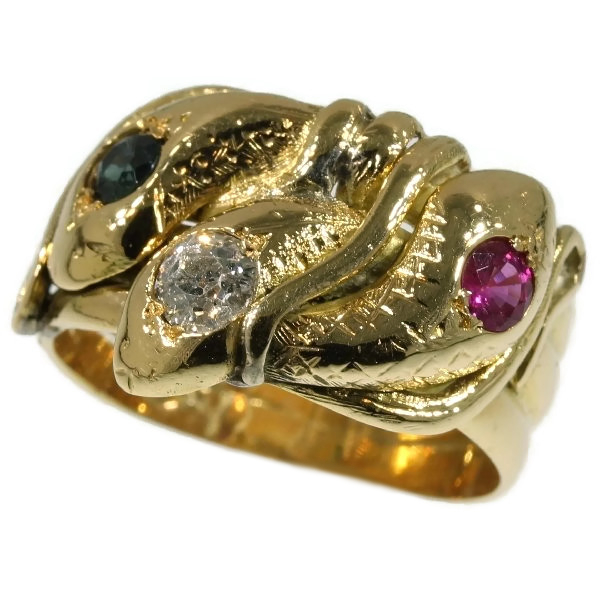 Gold snake ring with three entangled serpents with ruby, sapphire and brilliant